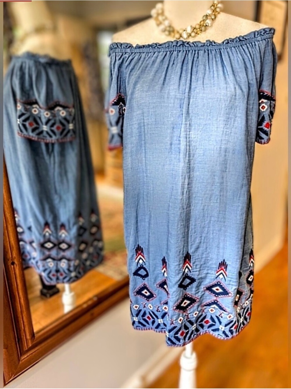 Off-the-Shoulder Embroidered Midi Dress - Light Blue